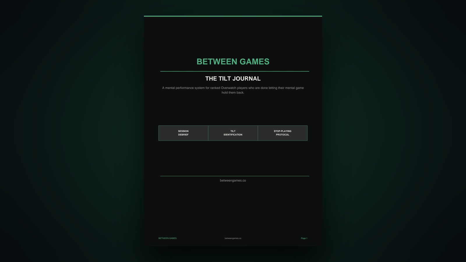 Between Games digital journal on a gaming desk with green keyboard backlight